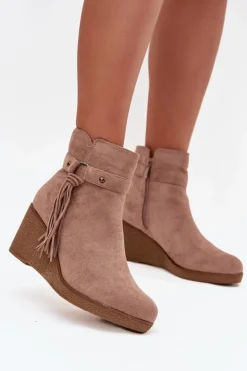 Boto Ocieplane Botki Damskie Na Koturnie Z Frędzlami Beżowe Olivarae Beżowy