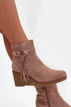 Boto Ocieplane Botki Damskie Na Koturnie Z Frędzlami Beżowe Olivarae Beżowy