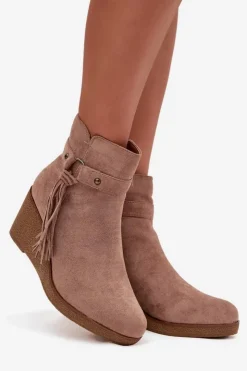 Boto Ocieplane Botki Damskie Na Koturnie Z Frędzlami Beżowe Olivarae Beżowy