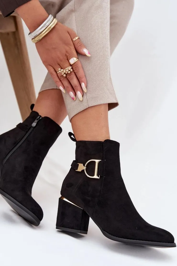 Boto Botki Ocieplane|Botki Na Słupku*Ocieplane Botki Damskie Na Słupku Ze Złotymi Elementami Czarne Ambrine Czarny