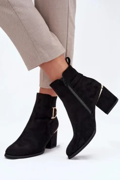 Boto Botki Ocieplane|Botki Na Słupku*Ocieplane Botki Damskie Na Słupku Ze Złotymi Elementami Czarne Ambrine Czarny