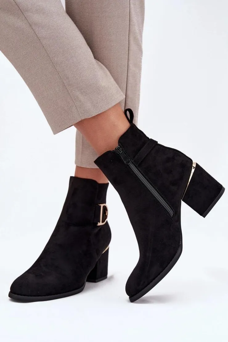 Boto Botki Ocieplane|Botki Na Słupku*Ocieplane Botki Damskie Na Słupku Ze Złotymi Elementami Czarne Ambrine Czarny