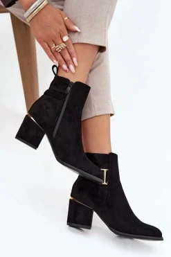 Boto Botki Ocieplane|Botki Na Słupku*Ocieplane Botki Damskie Na Słupku Ze Złotymi Elementami Czarne Ambrine Czarny