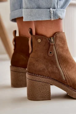 Boto Botki Ocieplane|Brązowe I Beżowe Botki*Ocieplane Botki Damskie Na Słupku Z Eko Zamszu Brązowe Velarilla Brązowy