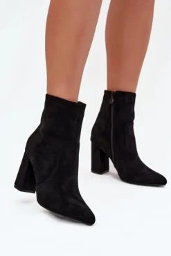 Boto Botki Ocieplane|Botki Na Słupku*Ocieplane Botki Damskie Na Słupku Z Eko Zamszu Czarne Pralina