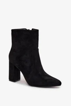 Boto Botki Ocieplane|Botki Na Słupku*Ocieplane Botki Damskie Na Słupku Z Eko Zamszu Czarne Pralina