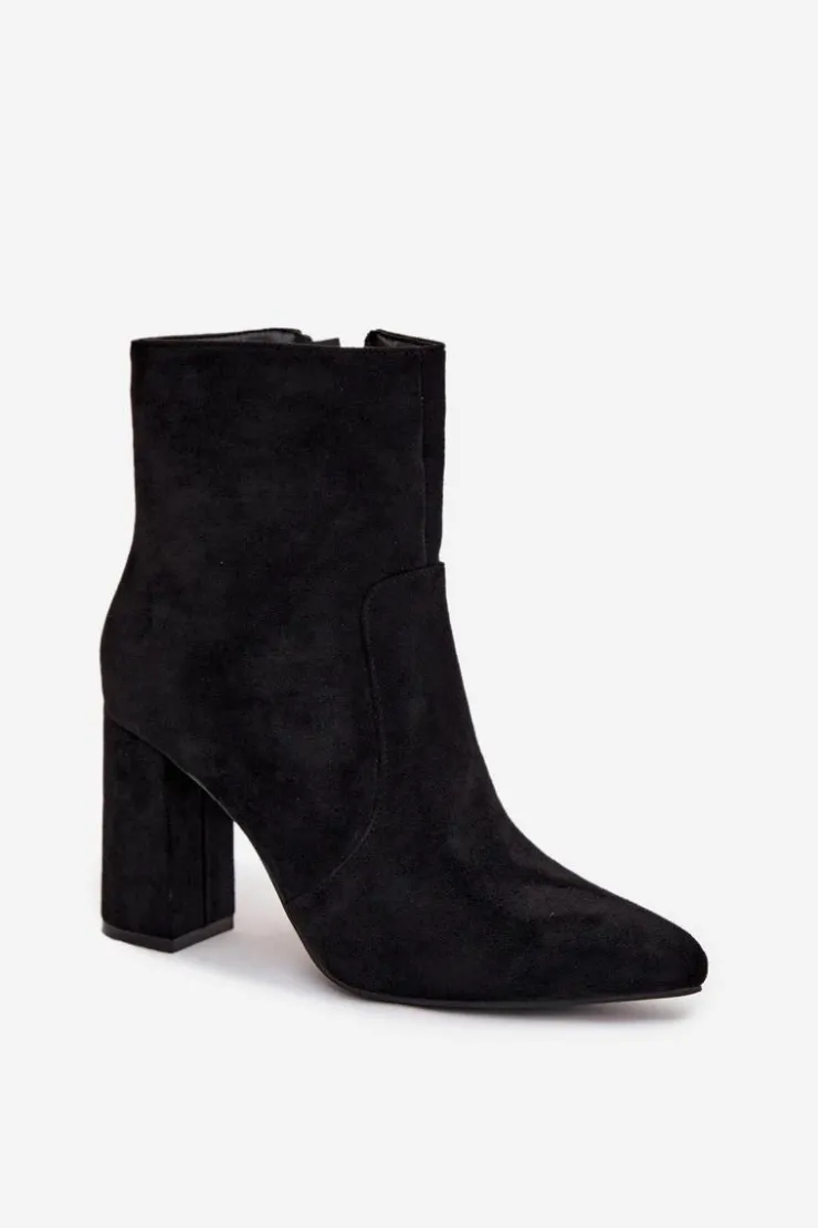 Boto Botki Ocieplane|Botki Na Słupku*Ocieplane Botki Damskie Na Słupku Z Eko Zamszu Czarne Pralina