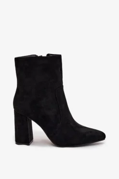 Boto Botki Ocieplane|Botki Na Słupku*Ocieplane Botki Damskie Na Słupku Z Eko Zamszu Czarne Pralina