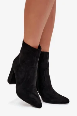 Boto Botki Ocieplane|Botki Na Słupku*Ocieplane Botki Damskie Na Słupku Z Eko Zamszu Czarne Pralina