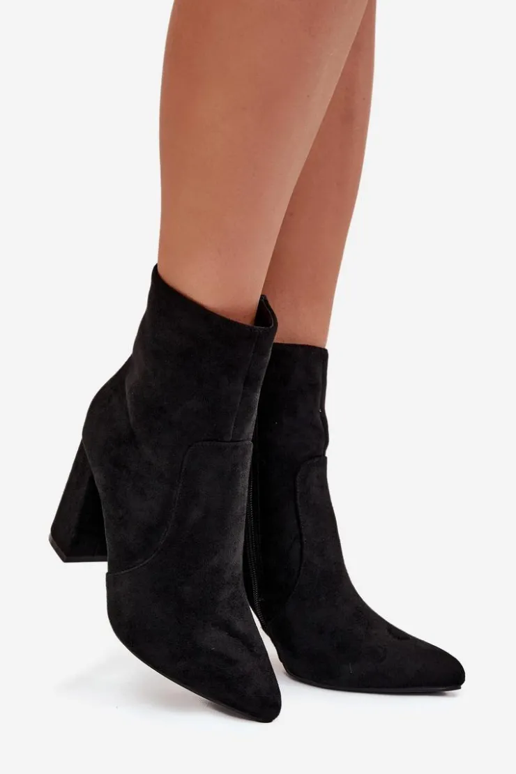 Boto Botki Ocieplane|Botki Na Słupku*Ocieplane Botki Damskie Na Słupku Z Eko Zamszu Czarne Pralina