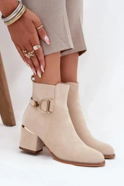 Hot Boto Ocieplane Botki Damskie Na Słupku Ze Złotymi Elementami Jasnobeżowe Ambrine