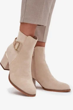 Hot Boto Ocieplane Botki Damskie Na Słupku Ze Złotymi Elementami Jasnobeżowe Ambrine