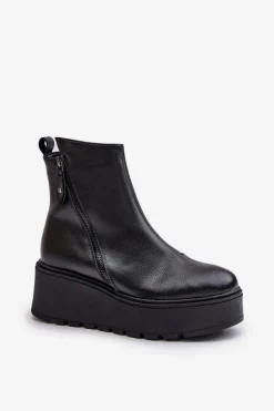 Hot Buty damskie Vinceza Ocieplane Botki Damskie Na Koturnie I Platformie Skóra Naturalna Czarne Vinceza 58340