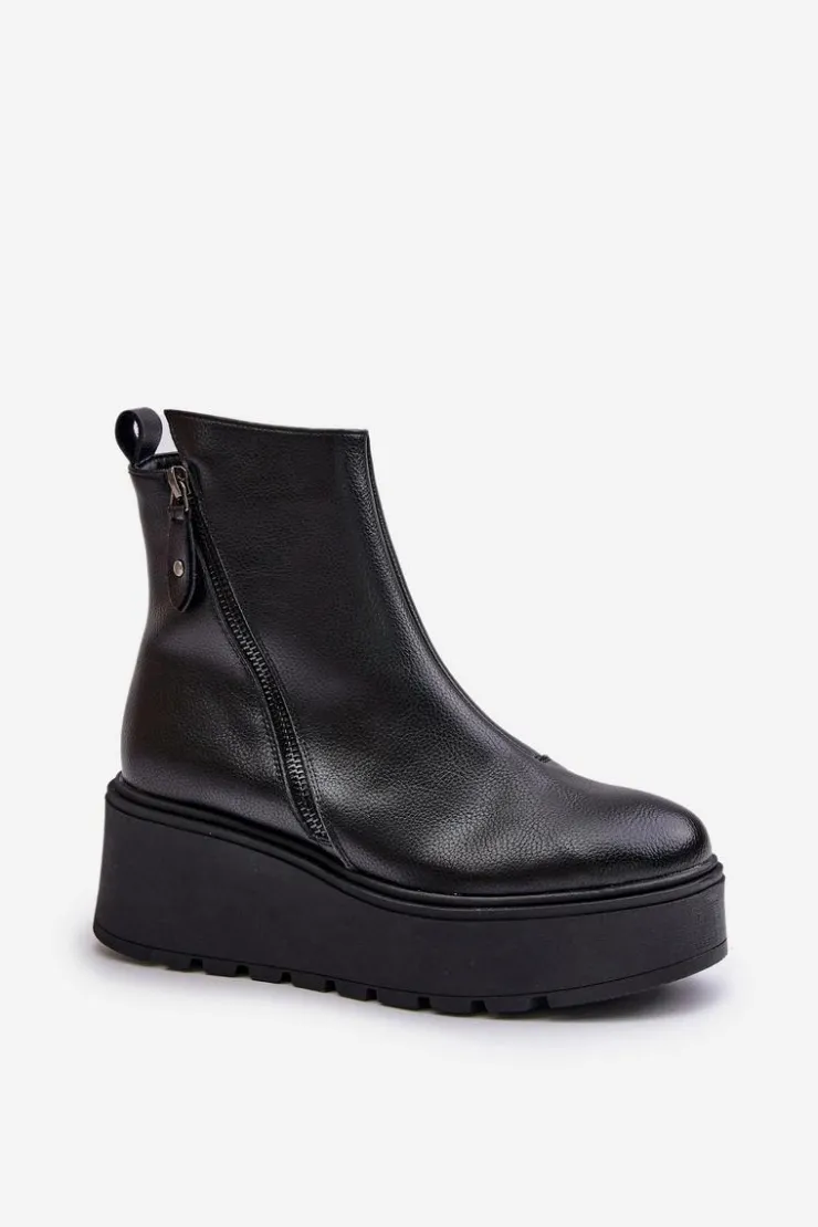 Hot Buty damskie Vinceza Ocieplane Botki Damskie Na Koturnie I Platformie Skóra Naturalna Czarne Vinceza 58340