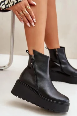 Hot Buty damskie Vinceza Ocieplane Botki Damskie Na Koturnie I Platformie Skóra Naturalna Czarne Vinceza 58340