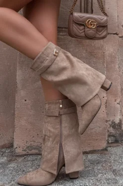 Damskie Boto Ocieplane Botki Damskie Na Słupku Z Ozdobnym Paskiem Khaki Luvielle