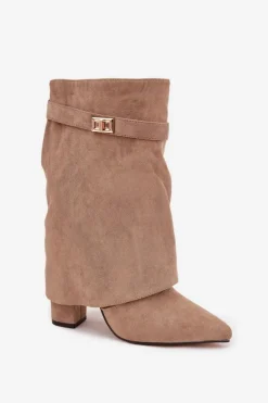 Damskie Boto Ocieplane Botki Damskie Na Słupku Z Ozdobnym Paskiem Khaki Luvielle