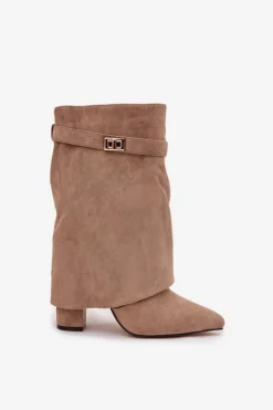 Damskie Boto Ocieplane Botki Damskie Na Słupku Z Ozdobnym Paskiem Khaki Luvielle