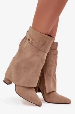 Damskie Boto Ocieplane Botki Damskie Na Słupku Z Ozdobnym Paskiem Khaki Luvielle