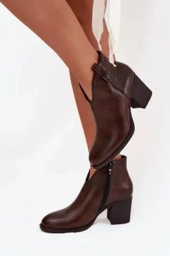 New Boto Ocieplane Botki Damskie Na Słupku Z Eko Skóry Czekoladowe Talienne