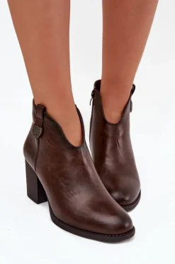 New Boto Ocieplane Botki Damskie Na Słupku Z Eko Skóry Czekoladowe Talienne