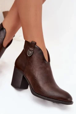 New Boto Ocieplane Botki Damskie Na Słupku Z Eko Skóry Czekoladowe Talienne