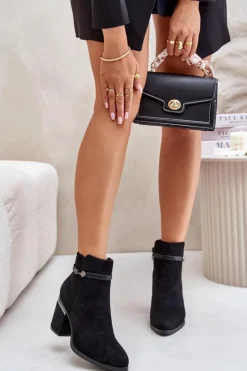 Buty damskie Vinceza Botki Ocieplane|Brązowe I Beżowe Botki*Ocieplane Botki Damskie Na Słupku Z Ozdobnym Paskiem Vinceza 16446 Czarne