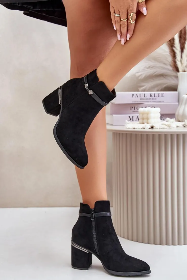 Buty damskie Vinceza Botki Ocieplane|Brązowe I Beżowe Botki*Ocieplane Botki Damskie Na Słupku Z Ozdobnym Paskiem Vinceza 16446 Czarne