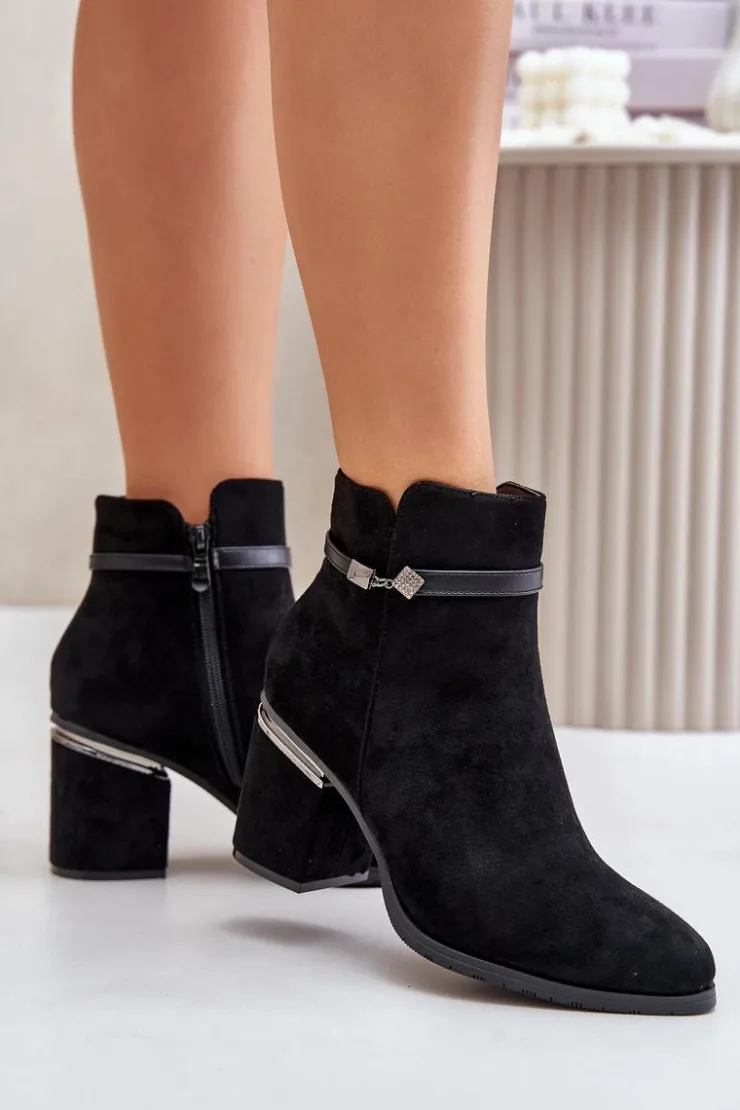 Buty damskie Vinceza Botki Ocieplane|Brązowe I Beżowe Botki*Ocieplane Botki Damskie Na Słupku Z Ozdobnym Paskiem Vinceza 16446 Czarne