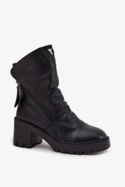 Buty damskie Vinceza Botki Ocieplane|Botki Skórzane*Ocieplane Botki Damskie Na Masywnym Obcasie Z Podwójnym Zamkiem Vinceza 58605 Czarne