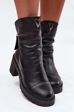 Buty damskie Vinceza Botki Ocieplane|Botki Skórzane*Ocieplane Botki Damskie Na Masywnym Obcasie Z Podwójnym Zamkiem Vinceza 58605 Czarne