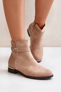 Boto Brązowe I Beżowe Botki|Botki Płaskie*Ocieplane Botki Damskie Na Płaskim Obcasie Ze Złotym Detalem Beżowe Ravasira