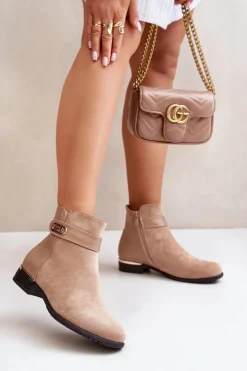 Boto Brązowe I Beżowe Botki|Botki Płaskie*Ocieplane Botki Damskie Na Płaskim Obcasie Ze Złotym Detalem Beżowe Ravasira