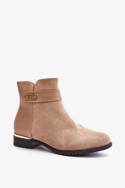 Boto Brązowe I Beżowe Botki|Botki Płaskie*Ocieplane Botki Damskie Na Płaskim Obcasie Ze Złotym Detalem Beżowe Ravasira