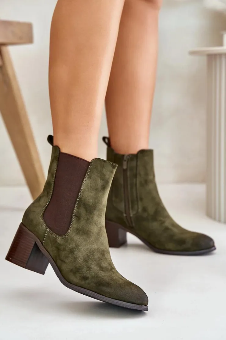 Damskie Boto Ocieplane Botki Damskie Na Słupku Ciemnozielone Radeya