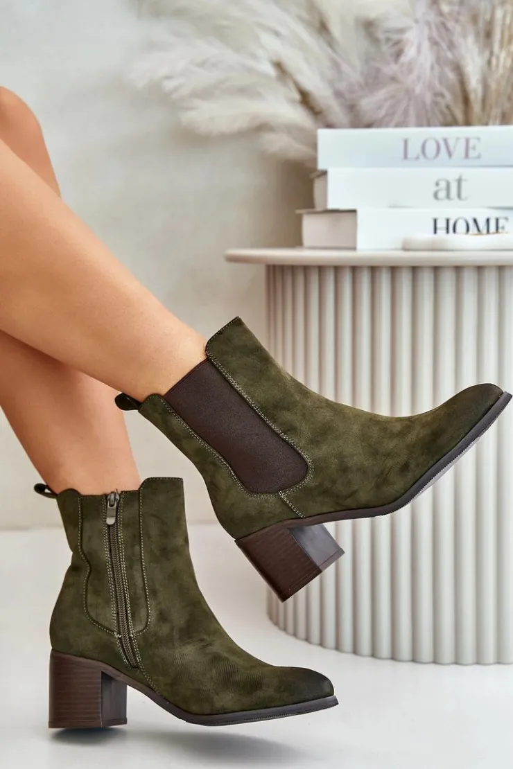 Damskie Boto Ocieplane Botki Damskie Na Słupku Ciemnozielone Radeya