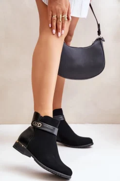 Damskie Boto Ocieplane Botki Damskie Na Płaskim Obcasie Ze Złotym Detalem Czarne Ravasira