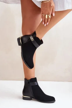 Damskie Boto Ocieplane Botki Damskie Na Płaskim Obcasie Ze Złotym Detalem Czarne Ravasira