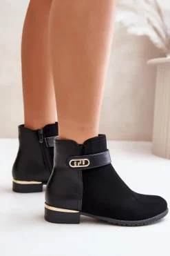 Damskie Boto Ocieplane Botki Damskie Na Płaskim Obcasie Ze Złotym Detalem Czarne Ravasira