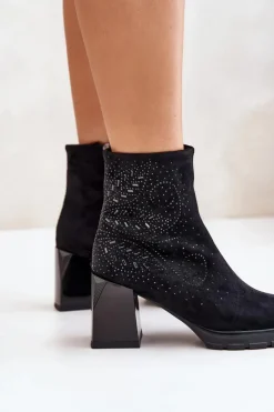 Damskie Damskie buty S.Barski Ocieplane Botki Damskie Na Słupku Ze Zdobieniem D&A MR880-130 Czarne