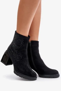 Damskie Damskie buty S.Barski Ocieplane Botki Damskie Na Słupku Ze Zdobieniem D&A MR880-130 Czarne