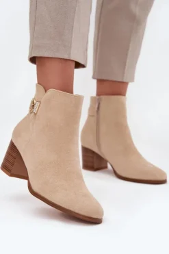 Damskie Boto Ocieplane Botki Damskie Na Słupku Ze Złotym Detalem Beżowe Renora