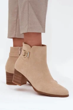 Damskie Boto Ocieplane Botki Damskie Na Słupku Ze Złotym Detalem Beżowe Renora