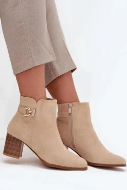 Damskie Boto Ocieplane Botki Damskie Na Słupku Ze Złotym Detalem Beżowe Renora