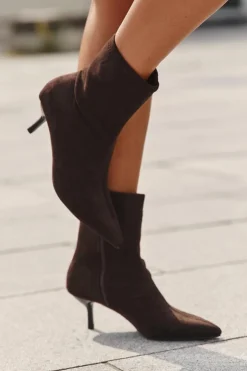 Damskie Boto Ocieplane Botki Damskie Na Szpilce Eko Zamszowe Czekoladowe Belisse