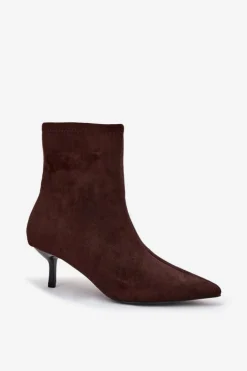 Damskie Boto Ocieplane Botki Damskie Na Szpilce Eko Zamszowe Czekoladowe Belisse