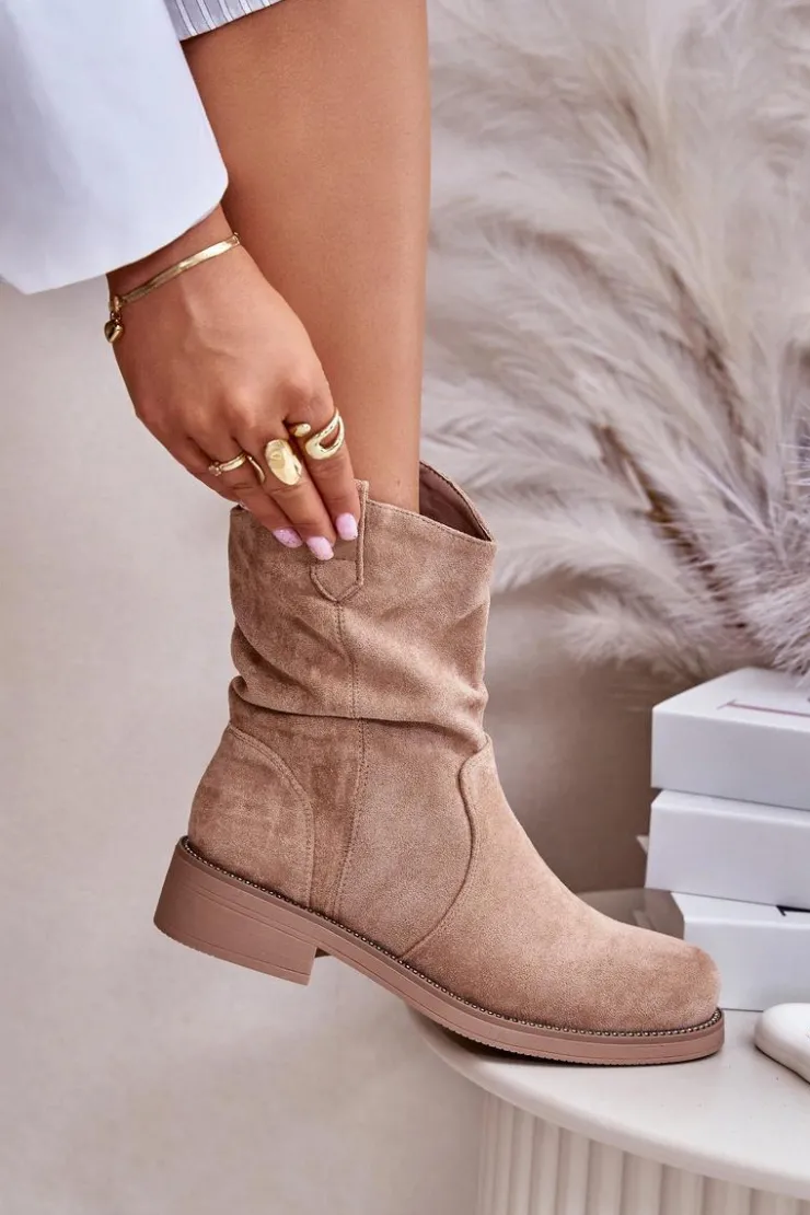 Boto Botki Zimowe Damskie|Brązowe I Beżowe Botki*Ocieplane Botki Damskie Z Marszczeniem I Zdobieniem Beżowe Etteara