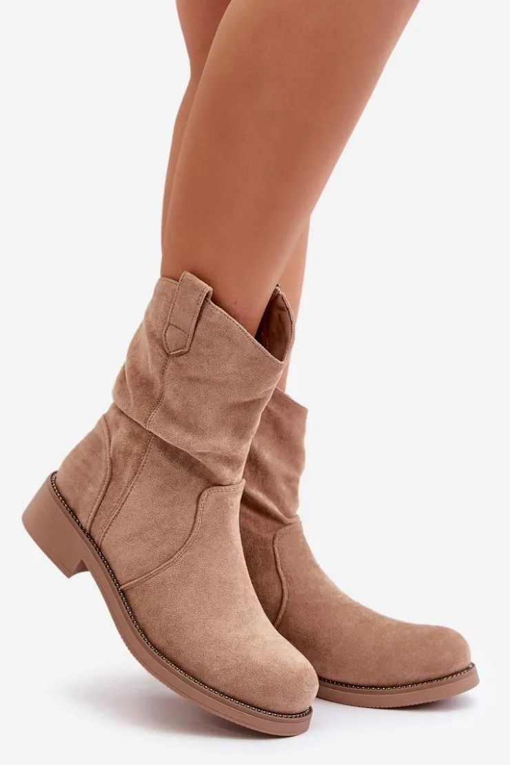 Boto Botki Zimowe Damskie|Brązowe I Beżowe Botki*Ocieplane Botki Damskie Z Marszczeniem I Zdobieniem Beżowe Etteara