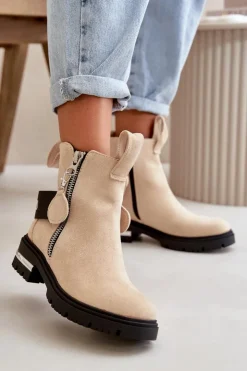 Damskie Boto Ocieplane Botki Damskie Z Suwakiem Beżowe Calvaro