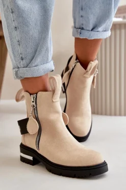 Damskie Boto Ocieplane Botki Damskie Z Suwakiem Beżowe Calvaro